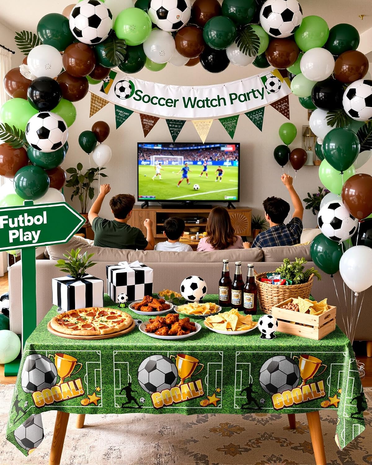 Pureegg Soccer Tablecloths - Disposable Plastic Covers for Soccer Birthday Parties | 54 x 108 Inch, 10 Pack, Green & White