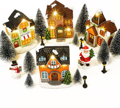 Aneco Christmas Village Set - 19 Resin Houses with Santa, Snowman & LED Lights | Winter Decor