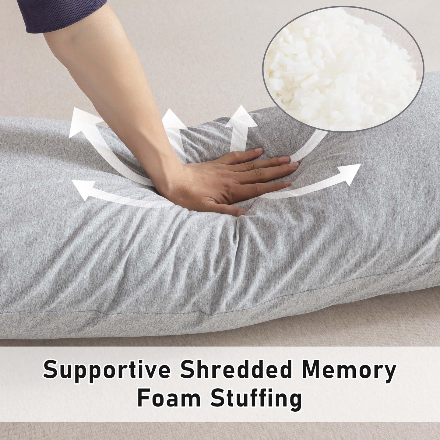 WhatsBedding Memory Foam Body Pillow for Adults, Long Body Pillow for Sleeping, Full Body Pillow for Bed (Removable Cotton Jersey Knitted Cover) - Light Grey