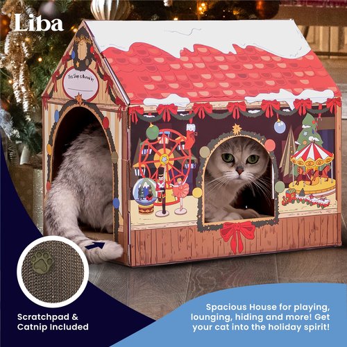 LiBa Cardboard Cat House with Scratch Pad and Catnip, Cat Bed for Indoor Cats, Cat Scratcher, Cat Scratching Board Cat Gifts for Cats, Winter Market
