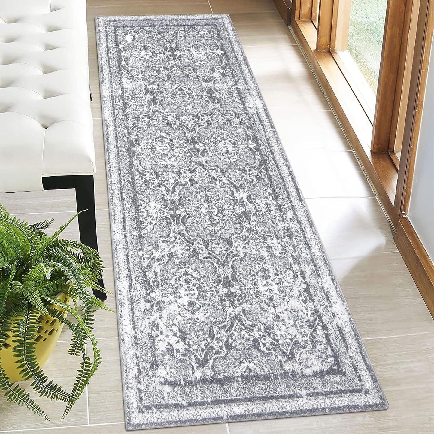 Vaukki Vintage Shaggy Hallway Runner Rug - Soft Non-Slip 2' x 6' Boho Entryway Mat | Grey Washable Carpet for Kitchen & Bathroom