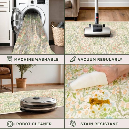 Hazo Haus Non-Slip Bathroom Runner Rug - Vintage Floral Design | Washable 24 x 72 Beige Green Mat