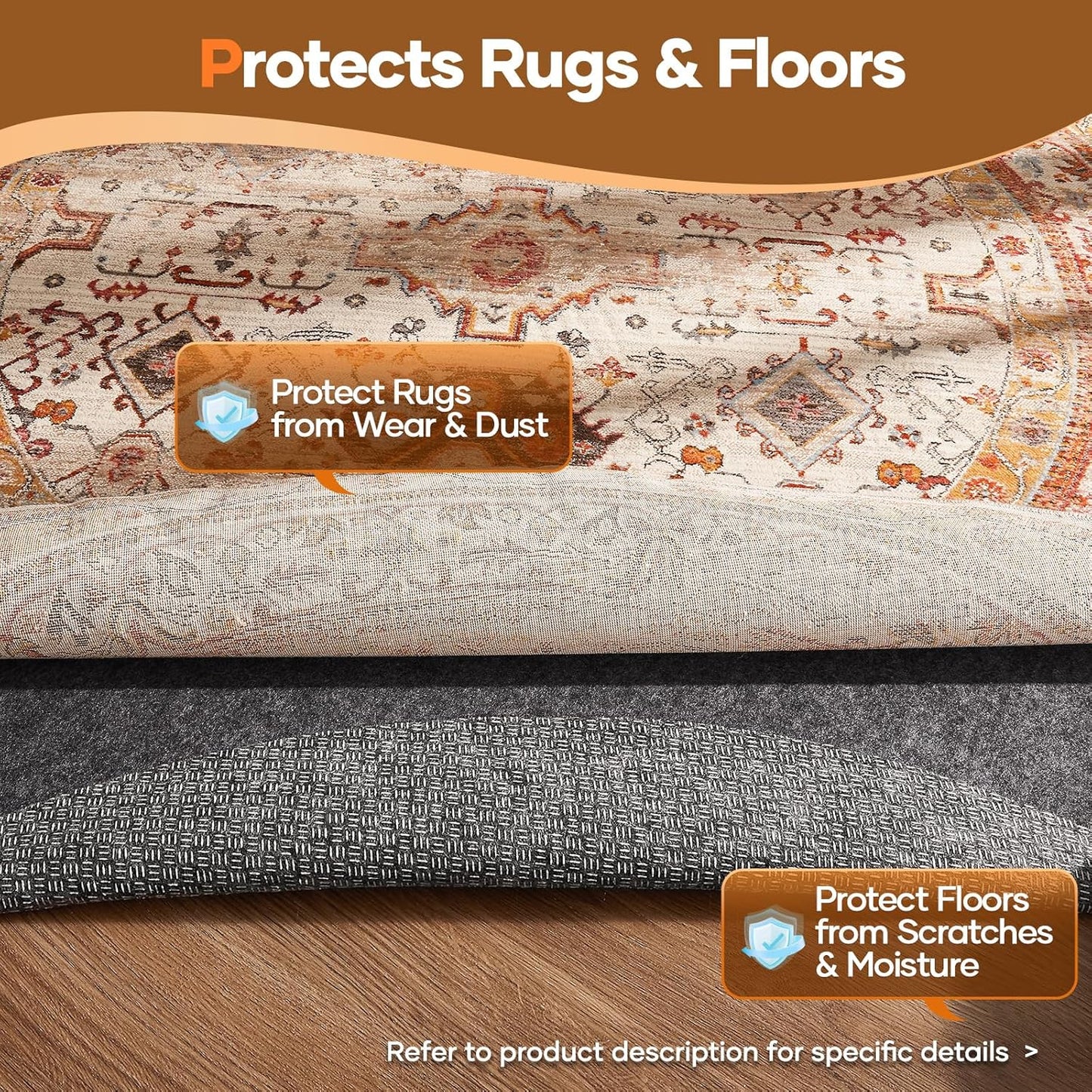 Veken Non-Slip Cushioned Rug Pad - 5 Ft Felt & Silicone Backing, 1/4 Inch Thick for Hardwood Floors