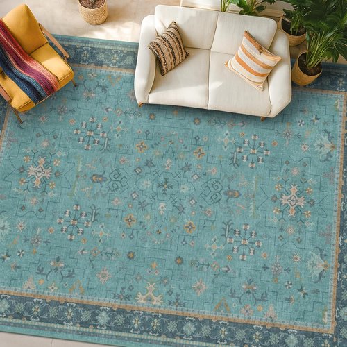 Boho Teal 7x9 Soft Rug - Washable Turquoise Vintage Carpet for Living Room & Bedroom