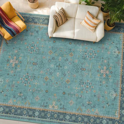 Boho Teal 7x9 Soft Rug - Washable Turquoise Vintage Carpet for Living Room & Bedroom