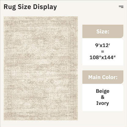 Soalmost Area Rugs - Non-Slip, Machine Washable Vintage Design | Lightweight 9x12 Beige Rug for Living Room, Bedroom, Dining Room, Home Office
