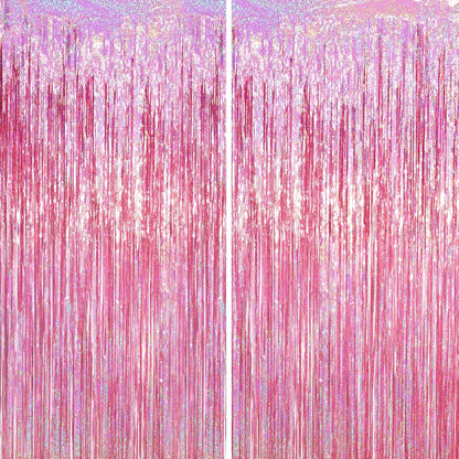 Voircoloria Laser Pink Tinsel Foil Fringe Curtains - 2 Pack Metallic Backdrop for Parties & Celebrations