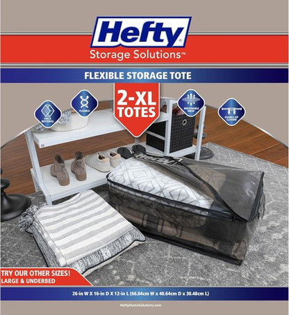 Hefty Extra Large Storage Bags - Heavy Duty Water Resistant Double Zipper Totes | 2 Pack (X-Large Black)