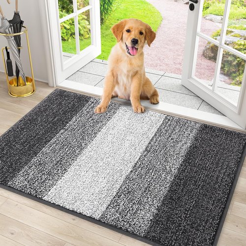 Smiry Dog Door Mat for Muddy Paws, Absorbs Moisture and Dirt, Low-Profile Entryway Mat with Non-Slip Backing, Entry Indoor Outdoor Doormat for Inside Floor (30x20 Inches, Grey, Striped)