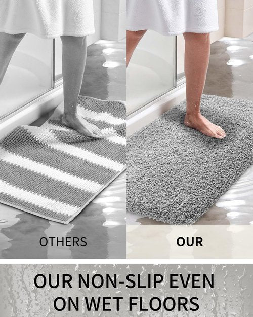 Ruggnovea Bathroom Rugs Non Slip Washable, Ultra Thick Soft Microfiber Absorbent Bath Mats, High Density Foam Latex Non Slip Backing Bath Rugs, Fluffy Floor Carpet for Tub&Shower 24x17, Grey
