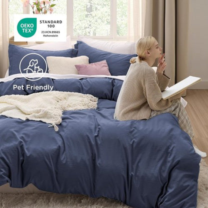 Bedsure Navy Blue Duvet Cover Set | Soft Prewashed Cotton-Like Polyester - Queen Size 3 Pieces (90x90 inches)