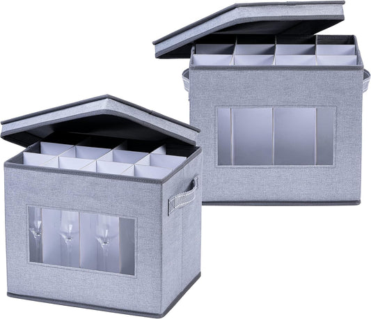 VENO Champagne Flute Glass Storage Box - 2 Pack with Lid & Handles | Organizer for 12 Glasses