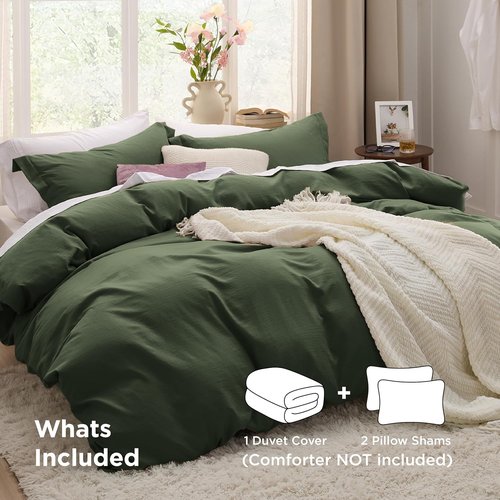 Bedsure Olive Green Duvet Cover Set - Extra Soft Prewashed Cotton-Like Polyester | Queen Size 3 Pieces, 90x90 Inches with Zipper Closure & 2 Pillow Shams