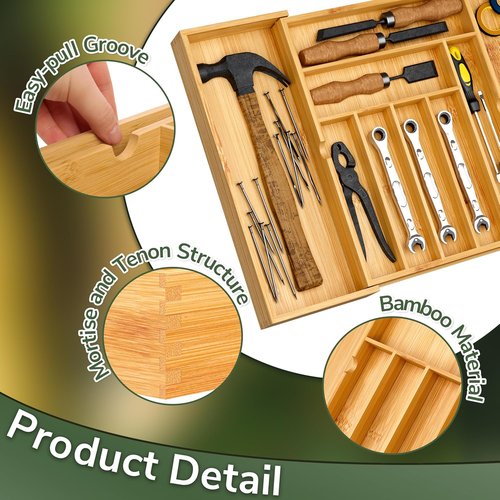 BAMEOS Bamboo Drawer Organizer - Expandable Cutlery Tray for Kitchen & Bathroom Storage