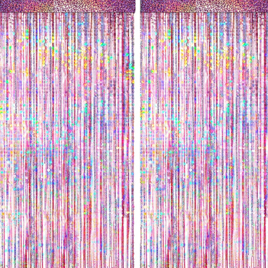 Pink Foil Fringe Curtain by [Brand Name] - 4 Pack Metallic Tinsel Backdrop for Birthday & Wedding Decor