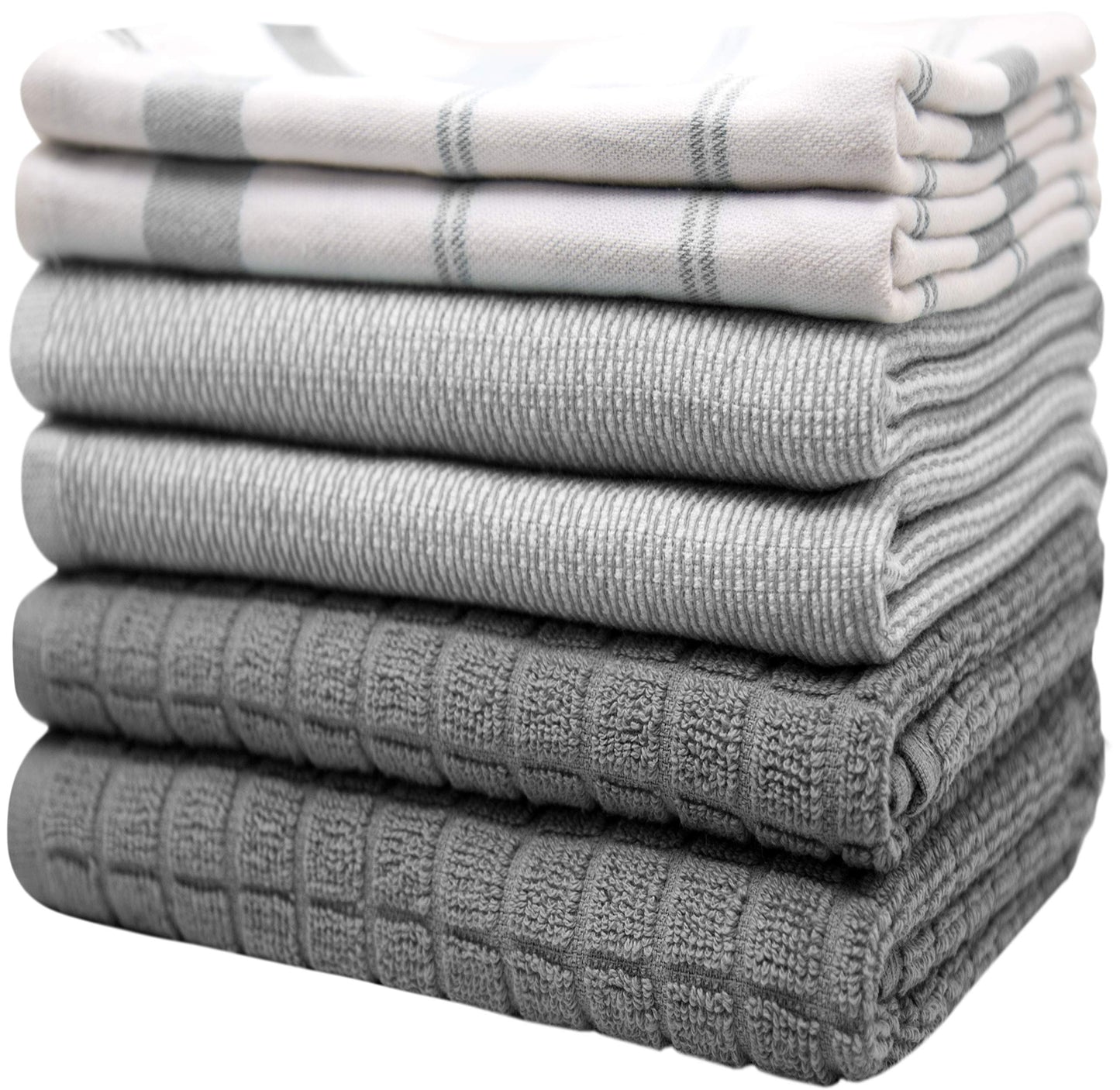 Premium Kitchen Towels (20”x 28”, 6 Pack) – Large Cotton Kitchen Hand Towels – Flat & Terry Towel – Highly Absorbent Tea Towels Set with Hanging Loop (Grey Check)