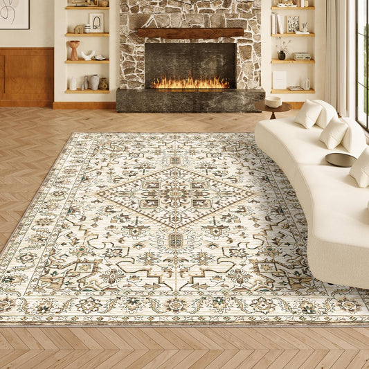 VK VK·LIVING Machine Washable Rug 5'x7' Vintage Design Washable Area Rugs 5'x7' Area Rug with Non Slip Rugs for Living Room Bedroom Rug Carpet Stain Resistant, Home Decor Office Boho Rug, (Beige)