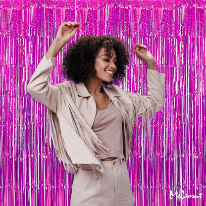 Skiennix 4 Pack Fuchsia Fringe Curtain Backdrop - 3.2Ft x 6.6Ft Metallic Tinsel Streamers for Parties & Events