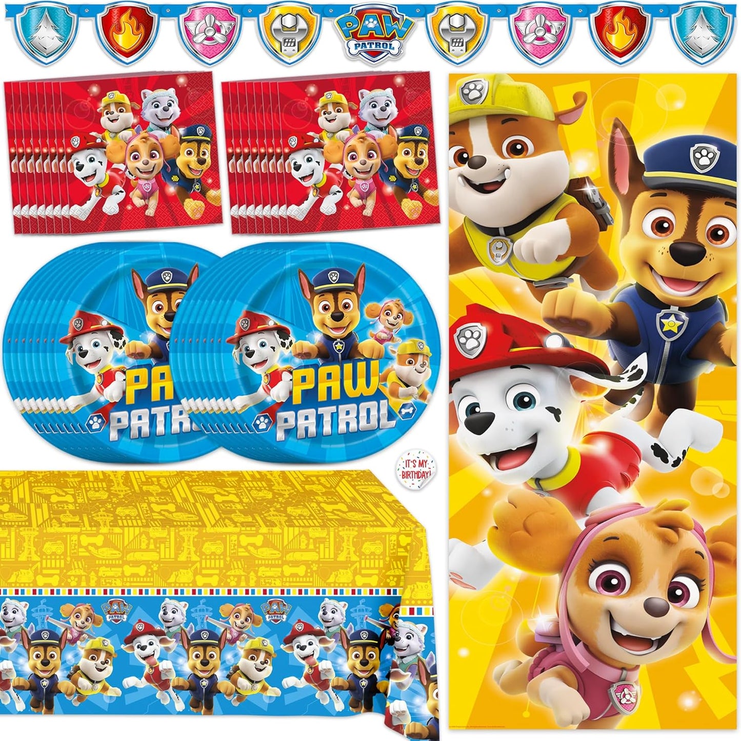 Paw Patrol Birthday Decorations - Complete Party Set for 16 Guests | Banner, Tablecloth, Plates & More