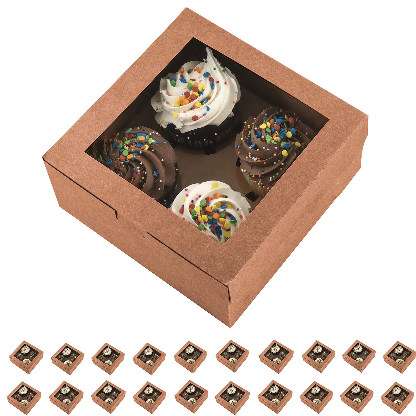 Essos Cupcake Boxes for 4 Kraft with Clear Display Window [20 pieces] Cupcakes Container or Packaging Box Kit for Chocolate Truffles Cake Pops Desserts Mini Cookies Pies or Muffins