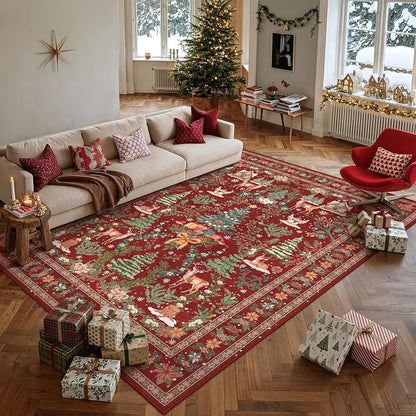 Christmas Snowflake Area Rug 6x9 - Washable Red Holiday Carpet, Variation: Christmas Village Red+6' x 9' (Rectangular)