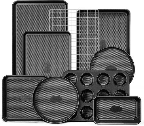 HONGBAKE 9-Piece Nonstick Baking Pans Set - Stackable, Non-Toxic Bakeware with Diamond Texture | Gray