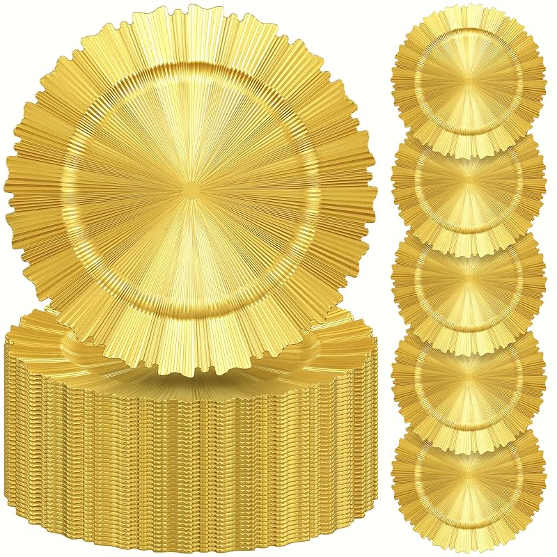 Bright Gold Charger Plates 50 Pcs, 13 Inch Round Plastic with Rim - Variation: Bright Gold+50