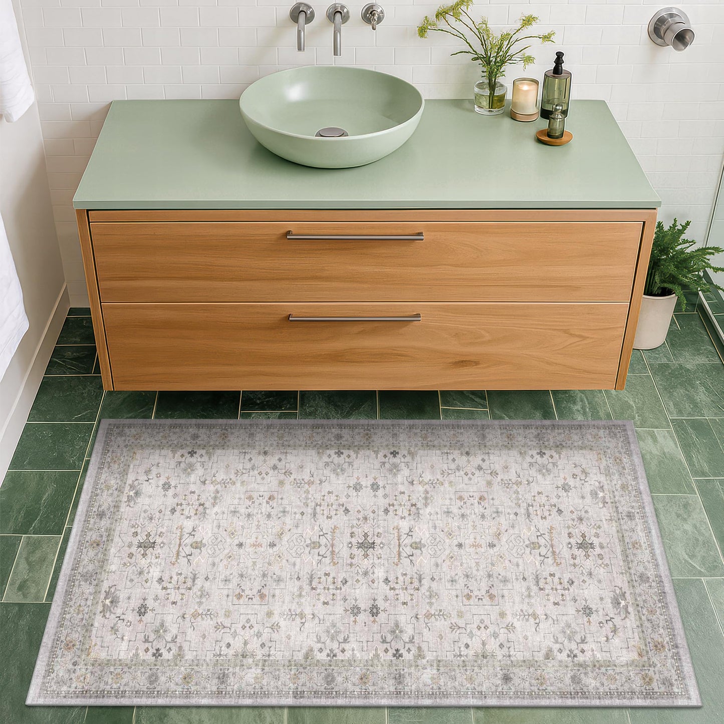Washable 2x3 Throw Rugs for Entryway, Front Door Mat, Low Pile Non-Slip Small Area Rugs for Kitchen, Bathroom, Powder Room, Mudroom, Neutral Light Grey with Floral Accent