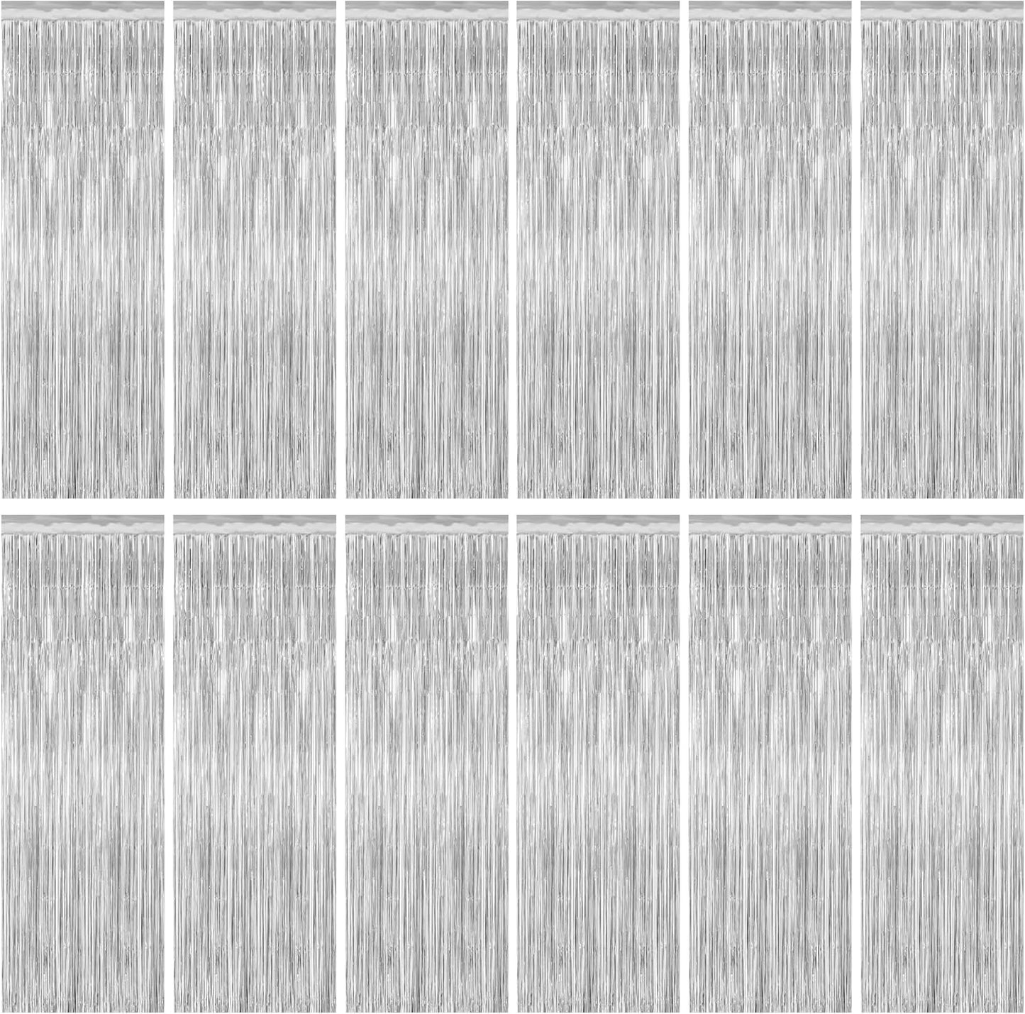 Metallic Silver Fringe Backdrop by [Brand Name] - 12 Pack Tinsel Curtains for Birthday & Disco Party Decor | 3.28 FT x 7.05 FT