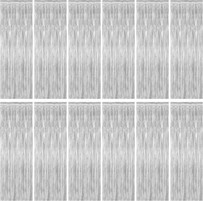 Metallic Silver Fringe Backdrop by [Brand Name] - 12 Pack Tinsel Curtains for Birthday & Disco Party Decor | 3.28 FT x 7.05 FT
