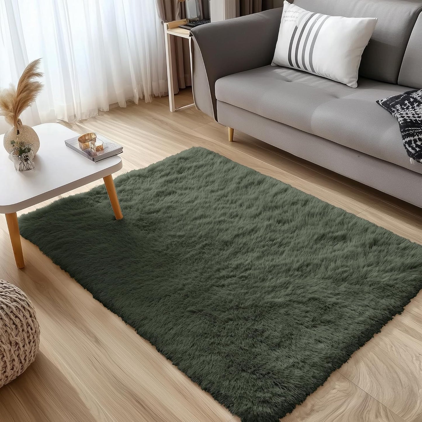 OLANLY 3x5 Soft Fluffy Shaggy Bedside Rug - Machine Washable Indoor Carpet for Kids & Nursery | Olive Green