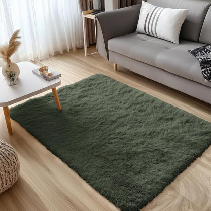 OLANLY 3x5 Soft Fluffy Shaggy Bedside Rug - Machine Washable Indoor Carpet for Kids & Nursery | Olive Green