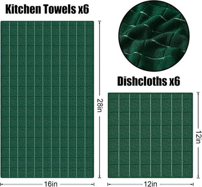 Homaxy Microfiber Kitchen Towels - 12 Pack Soft & Absorbent Dishcloths | Quick Drying Rags in Dark Green, 28 x 16 & 12 x 12 Inch