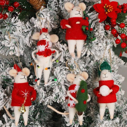 Juegoal Christmas Felt Mice Ornaments - Set of 5 Cute Wool Mouse Hanging Decor for Holiday Wreaths