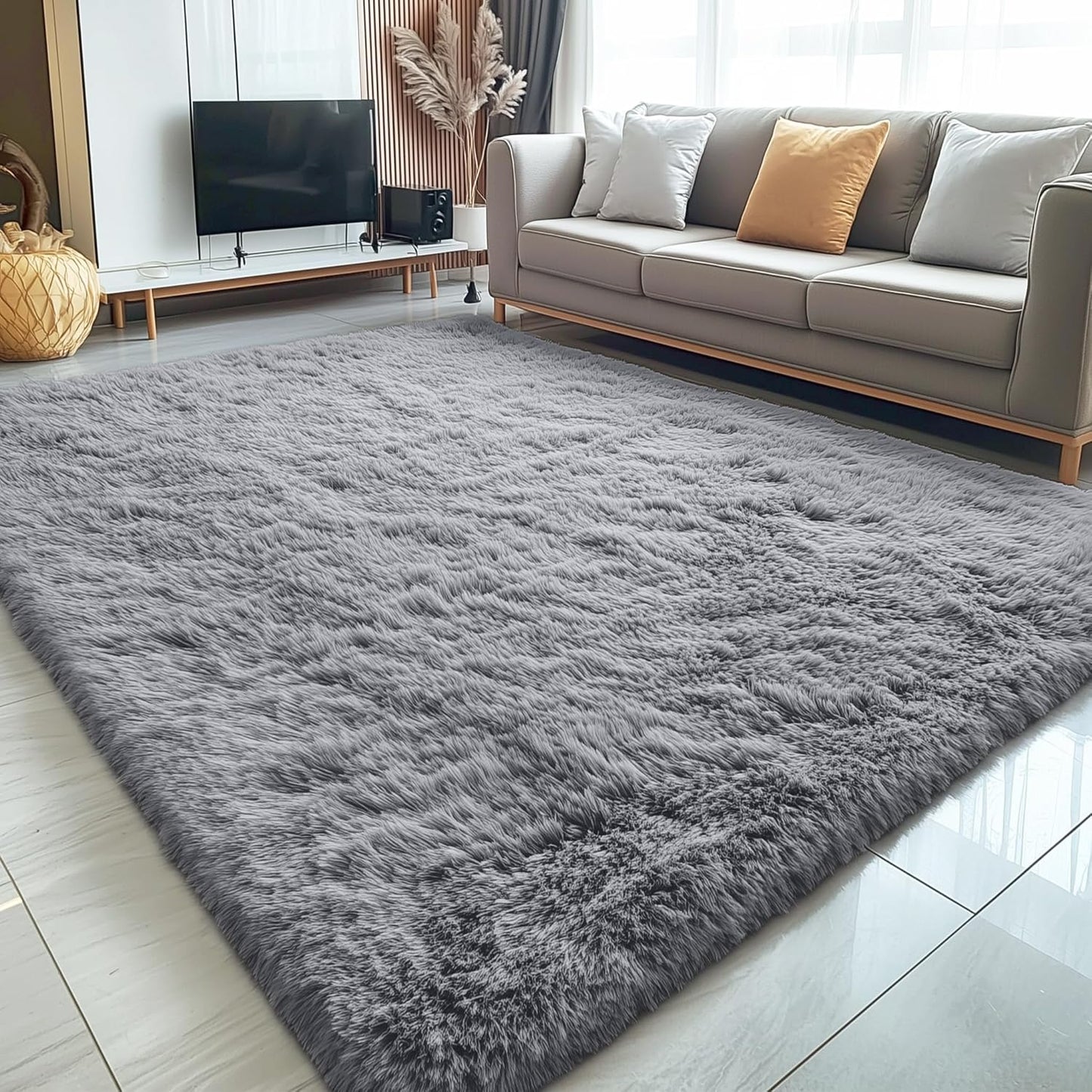 OLANLY Large Area Rug - Soft Fluffy Shaggy Carpet for Living Room & Bedroom | 5x8 Light Grey