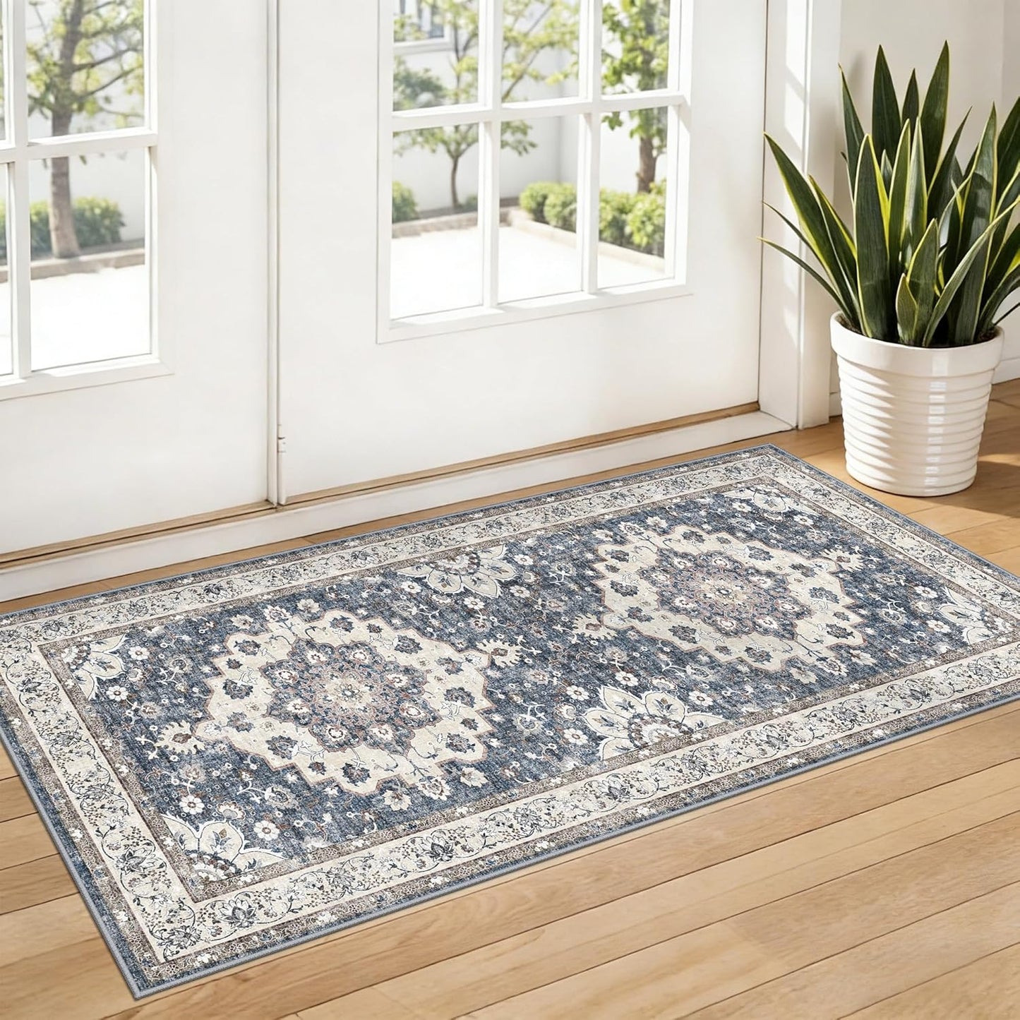 Skiennix Vintage Entryway Runner Rug - Non-Slip, Water-Resistant, Ultra-Thin Design | 2x4 ft, Blue