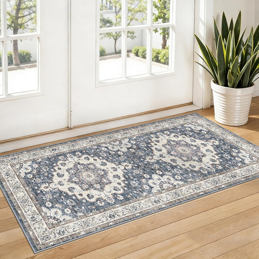 Skiennix Vintage Entryway Runner Rug - Non-Slip, Water-Resistant, Ultra-Thin Design | 2x4 ft, Blue