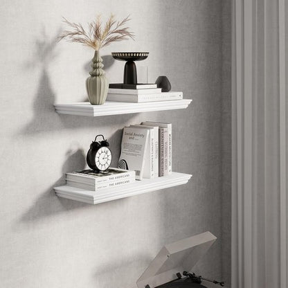 Fun Memories Floating Shelves - 24 Inch Classic Crown Molding Rustic Wooden Wall Decor | White, 2-Pack