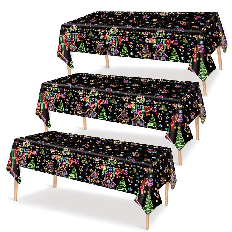 Disposable 54x108 Inch Christmas Tablecloths - 3 Pack Neons on Black Festive Holiday Cover