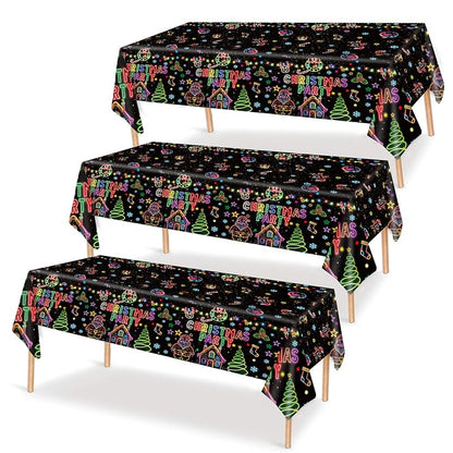 Disposable 54x108 Inch Christmas Tablecloths - 3 Pack Neons on Black Festive Holiday Cover