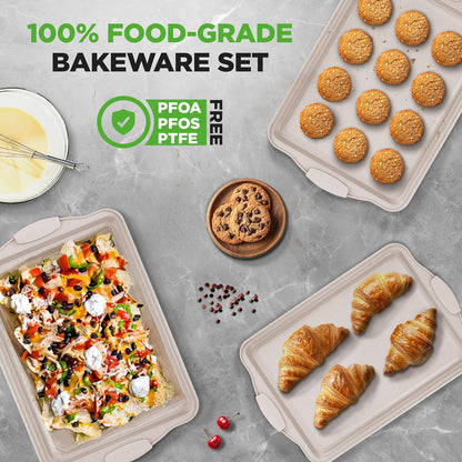 NutriChef Nonstick Cookie Sheets - Premium Carbon Steel Baking Pans with Silicone Handles | Easy to Clean, Cream Marble