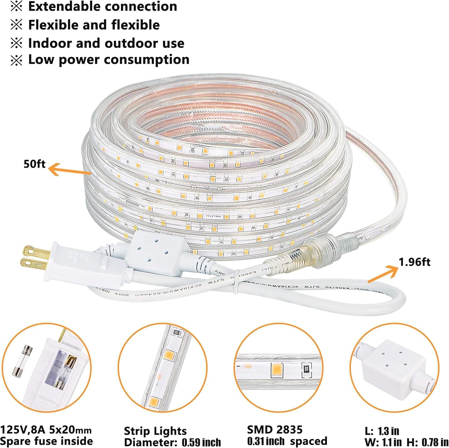 SURNIE LED Rope Lights - 50ft Waterproof Warm White Outdoor Lighting | Flexible & Cuttable for Deck, Patio, Christmas Decor