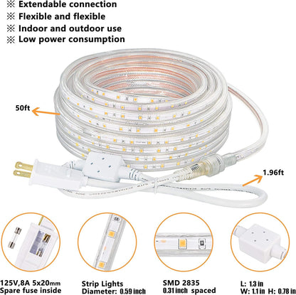SURNIE LED Rope Lights - 50ft Waterproof Warm White Outdoor Lighting | Flexible & Cuttable for Deck, Patio, Christmas Decor