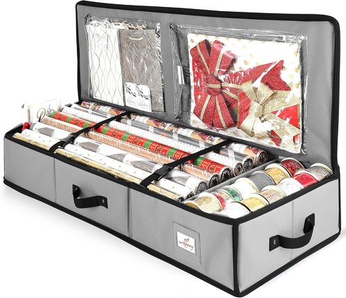 Hearth & Harbor Wrapping Paper Storage Container - Tear-Proof Christmas Gift Wrap Organizer | Holds 22 Rolls, Silver