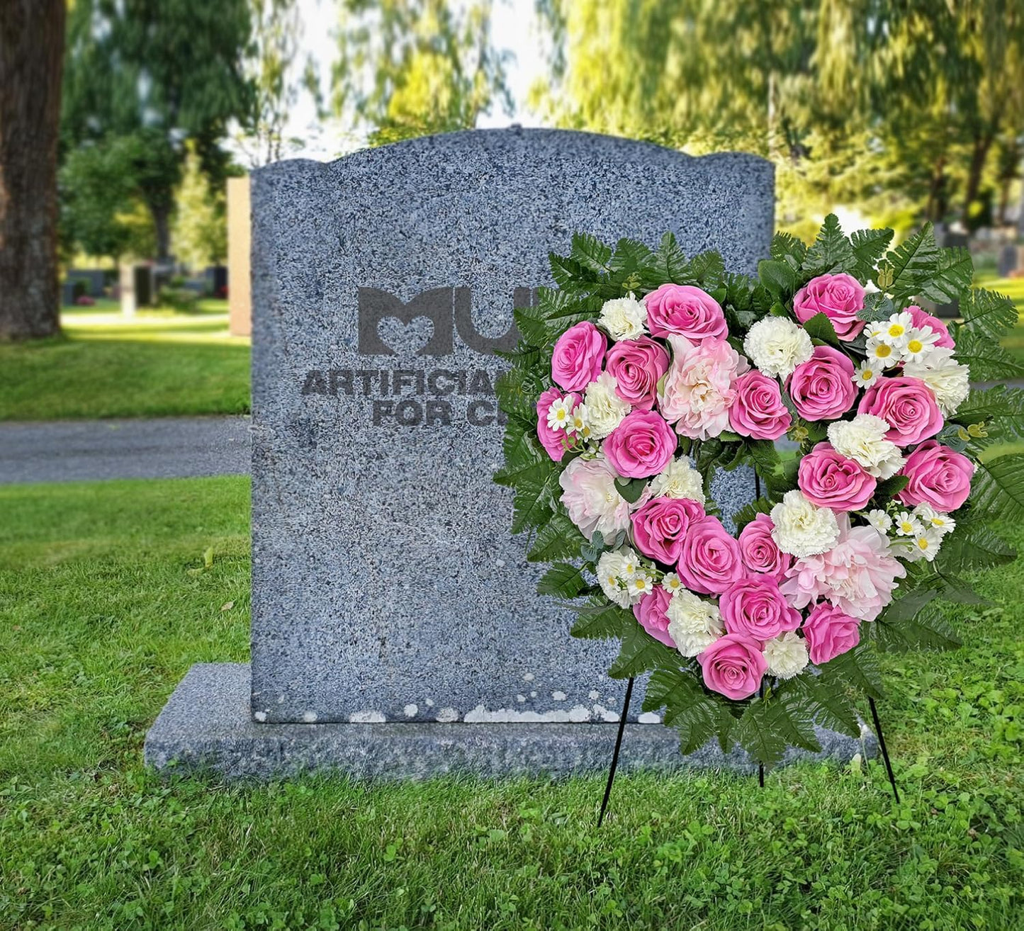 MUVIC Cemetery Flower Wreath - Elegant Heart-Shaped Memorial Floral Arrangement | 27-Inch Pink Hibiscus, Rose, Carnation, Daisy