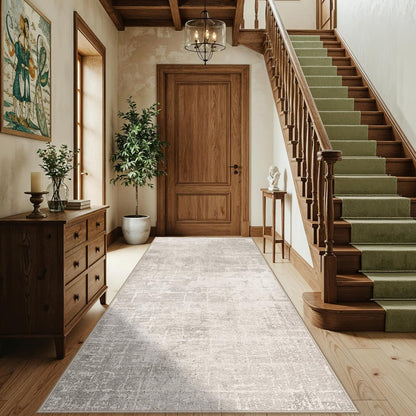 Skiennix Washable 4x8 Hallway Area Rug - Abstract Water Resistant Soft Runner | Non-Slip Low Pile Carpet in Beige/Cream