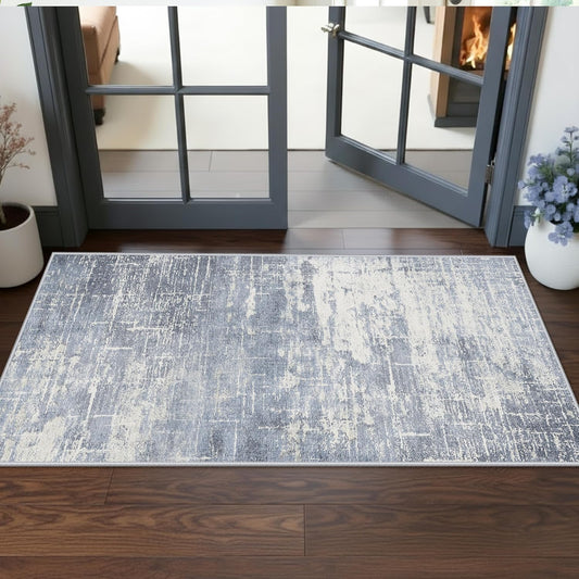 Skiennix Washable 2x5 Abstract Hallway Runner - Water Resistant Soft Carpet for Indoor Use | Blue/Ivory