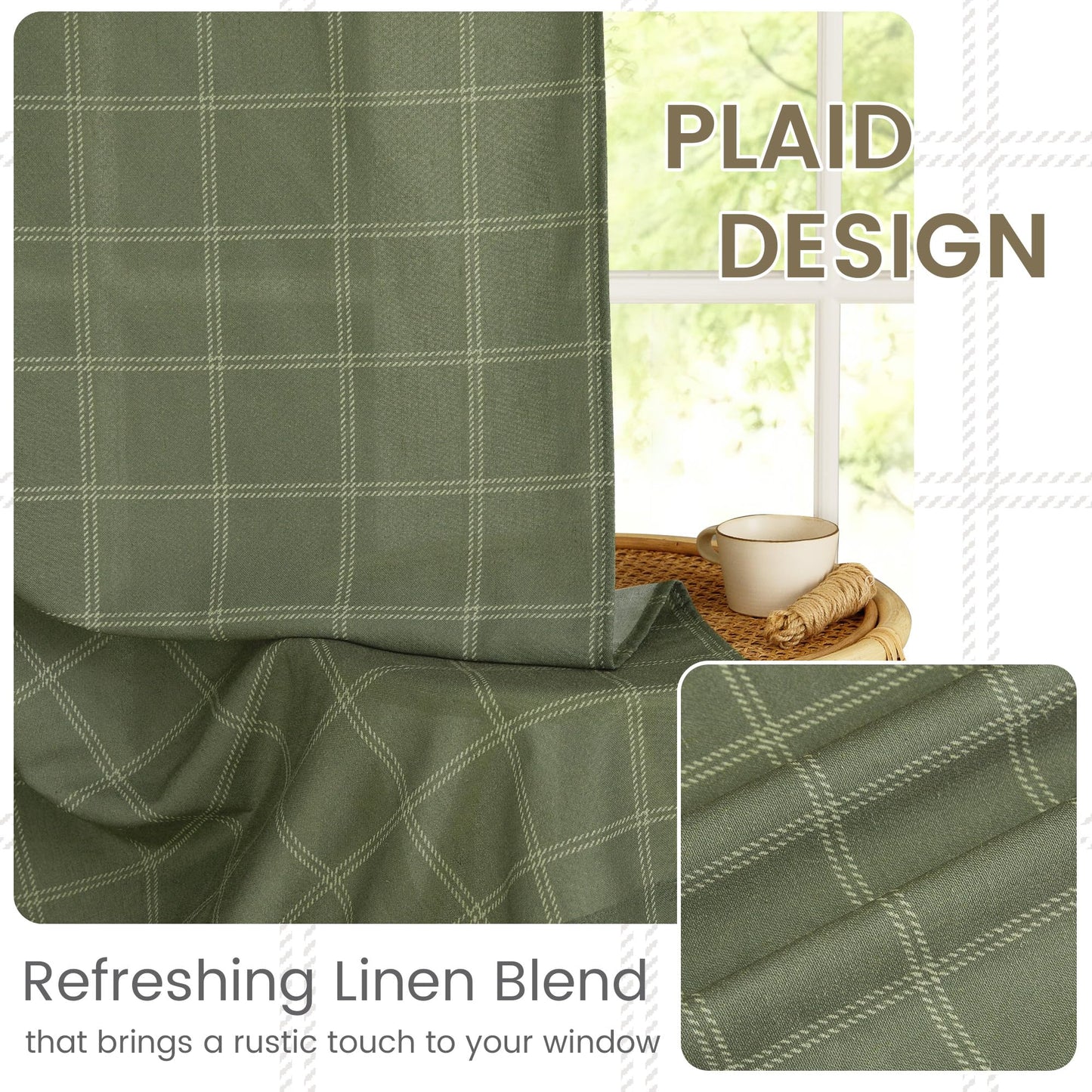 NICETOWN Linen Plaid Curtains Modern Window Panels Moss Green Check Tartan Light Filtering Curtains for Living Room Bedroom, Rod Pocket Back Tab, 2 Panels, 52 inch Wide x 84 inch Long