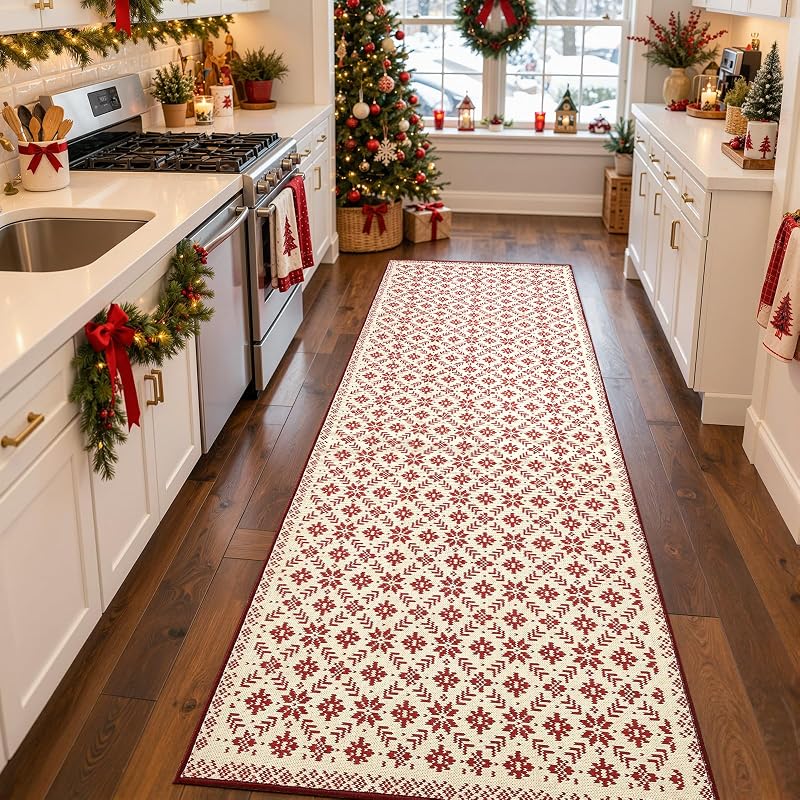Jinchan Christmas Runner Rug 3x8 - Knit Snowflake Print, Ivory & Red (Variation: Knit Red on Ivory+3' x 8')