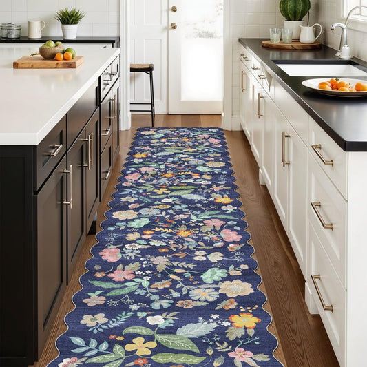 Washable 2'6x12 Hallway Runner Rug: Entryway Non Slip Floral Rug Farmhouse Soft Stain Resistant Carpet for Kitchen Bathroom Bedroom Low Pile Pet Friendly Floor Mat for Living Room(2'6x12/Purple)